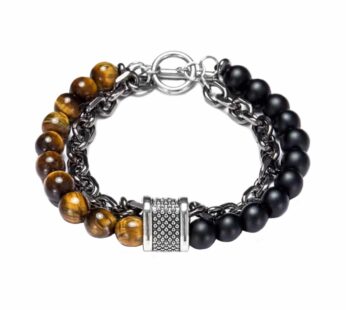 KD Natural Tiger’s Eye Crystal Black Bead & Stainless-Steel Chain Bracelet