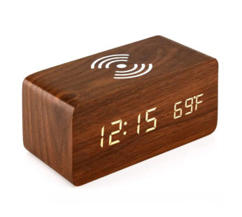 KD LED Digital Wooden Alarm Clock Wireless Charger Pad