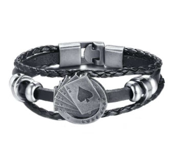 KD Multistrand Black Vegan Leather Charm Bracelet with Playing Card S/M