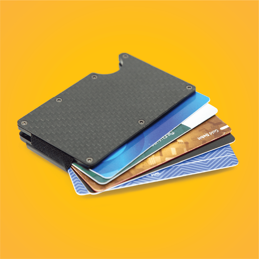 RFID wallet for men with bank cards inside on an orange background