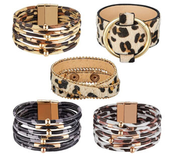 KD Brass Tube Multi-layered PU Leather Cuff Bracelet – Leopard Print (x5)