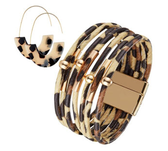 KD Leopard Bracelets and Earrings for Women Cheetah Bracelets Tortoise Shell Earrings Multilayer Leather Wrap Bracelets Boho Accessories for Women Large Wrists